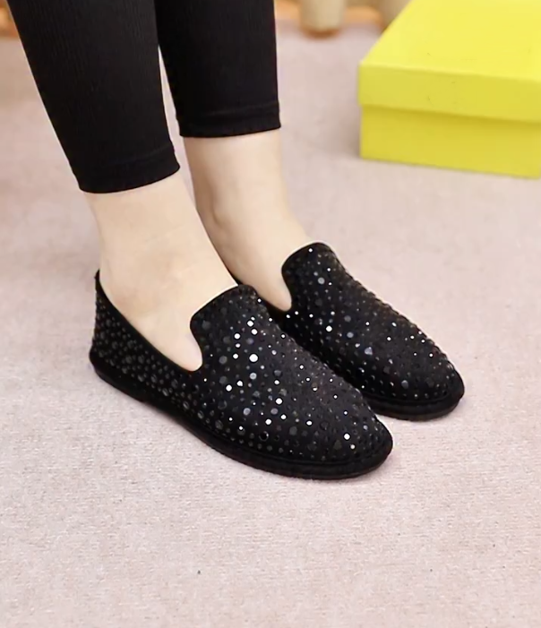 Rhinestone Embellished Slip On Loafer with Soft Cushioned Sole and Sparkling Flat Design