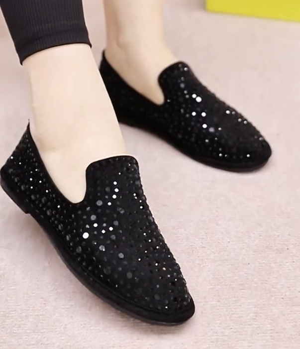 Rhinestone Embellished Slip On Loafer with Soft Cushioned Sole and Sparkling Flat Design