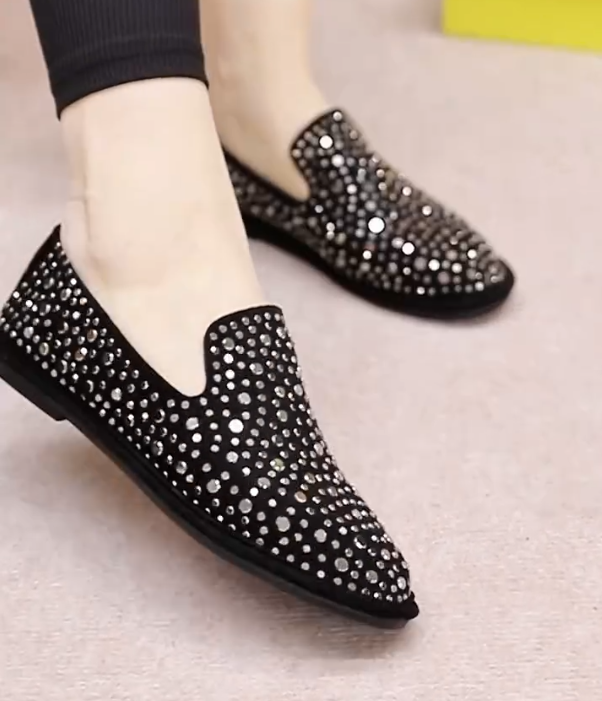 Rhinestone Embellished Slip On Loafer with Soft Cushioned Sole and Sparkling Flat Design
