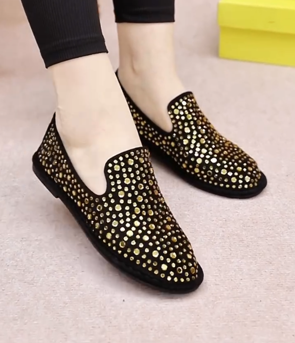 Rhinestone Embellished Slip On Loafer with Soft Cushioned Sole and Sparkling Flat Design