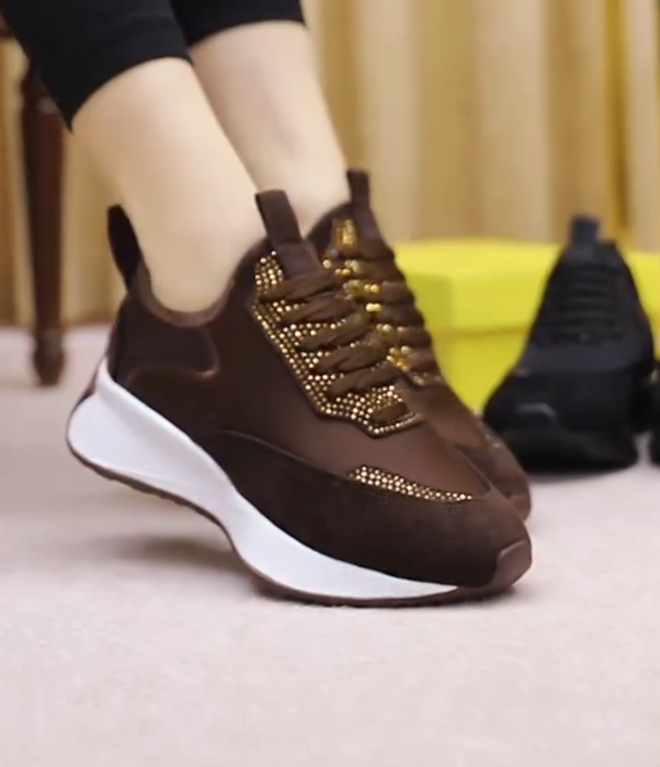 Rhinestone Accented Lace Up Sneakers with Sculpted Platform Sole and Mixed Material Upper