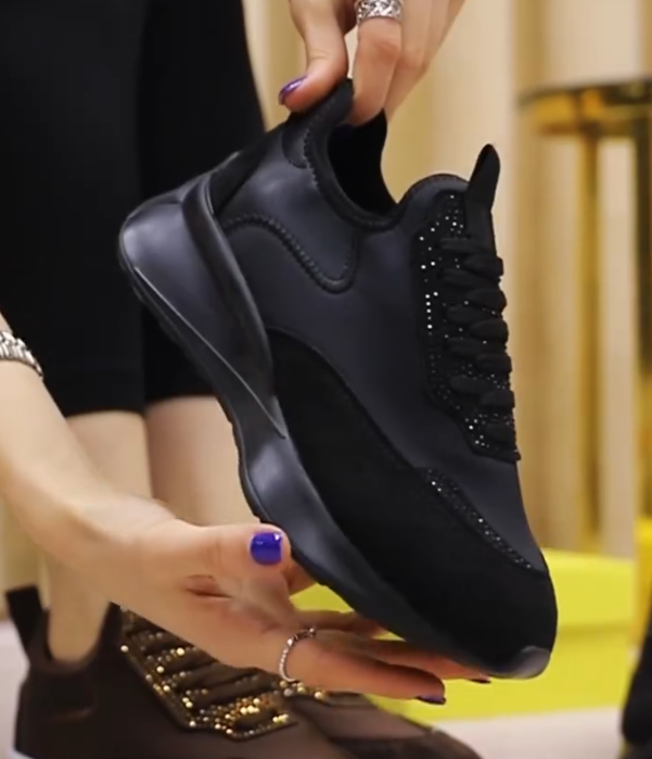 Rhinestone Accented Lace Up Sneakers with Sculpted Platform Sole and Mixed Material Upper