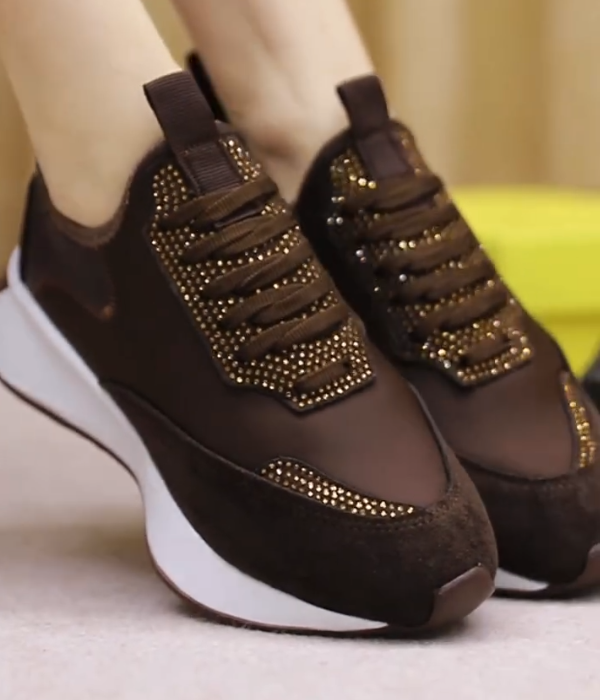 Rhinestone Accented Lace Up Sneakers with Sculpted Platform Sole and Mixed Material Upper
