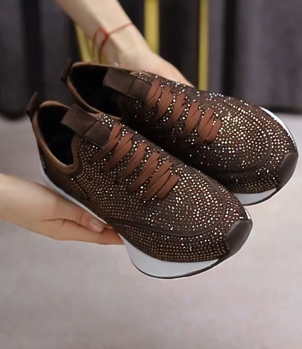 Rhinestone Embellished Lace Up Platform Sneakers with Sculpted Sole and Breathable Mesh Upper