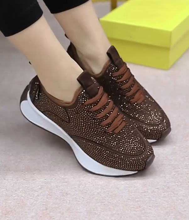 Rhinestone Embellished Lace Up Platform Sneakers with Sculpted Sole and Breathable Mesh Upper