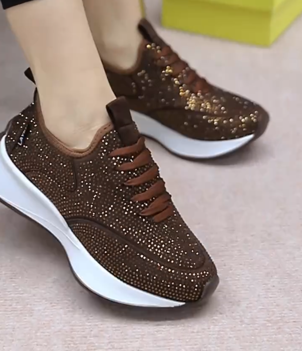 Rhinestone Embellished Lace Up Platform Sneakers with Sculpted Sole and Breathable Mesh Upper