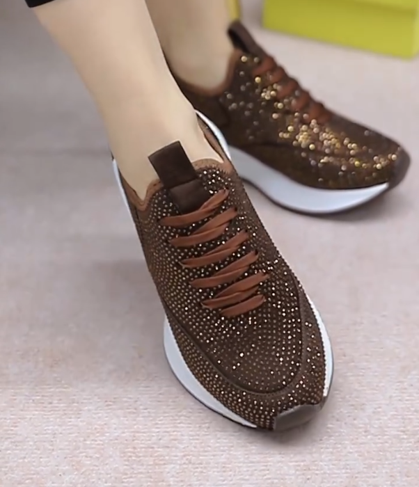Rhinestone Embellished Lace Up Platform Sneakers with Sculpted Sole and Breathable Mesh Upper