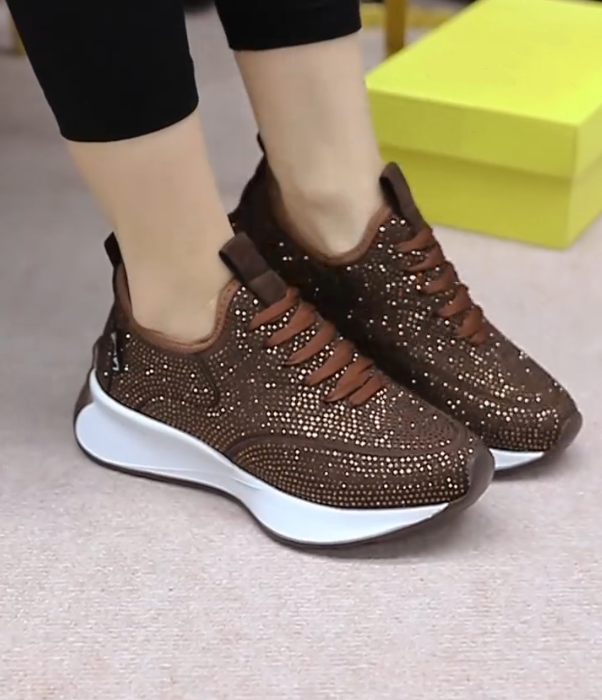 Rhinestone Embellished Lace Up Platform Sneakers with Sculpted Sole and Breathable Mesh Upper