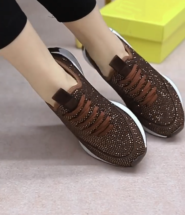 Rhinestone Embellished Lace Up Platform Sneakers with Sculpted Sole and Breathable Mesh Upper