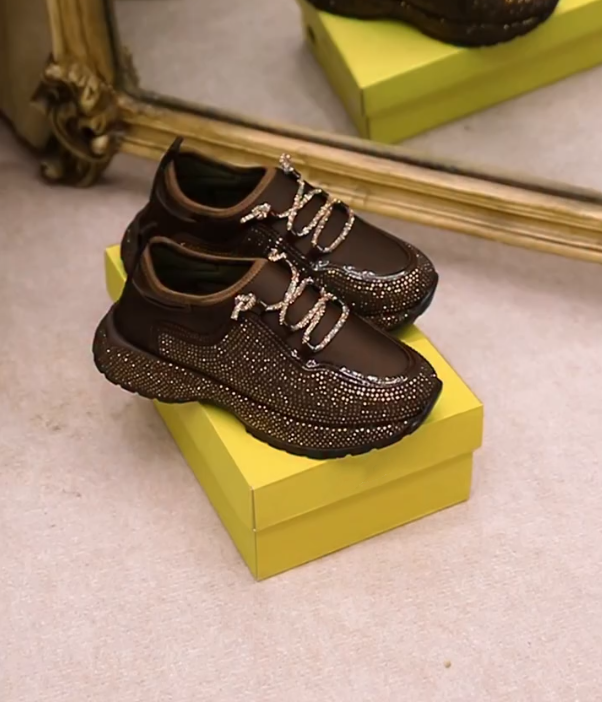 Rhinestone Encrusted Lace Up Sneaker with Crystal Laces and Glittering Upper Detail