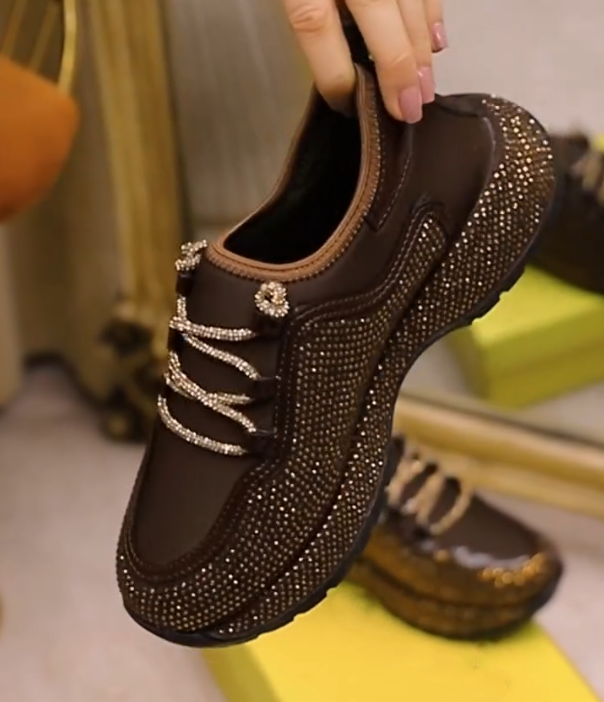 Rhinestone Encrusted Lace Up Sneaker with Crystal Laces and Glittering Upper Detail