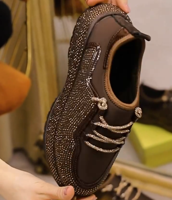Rhinestone Encrusted Lace Up Sneaker with Crystal Laces and Glittering Upper Detail