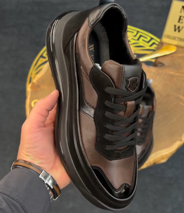 Glossy Panel Lace Up Platform Sneaker with Chunky Sole and Metallic Logo Accent