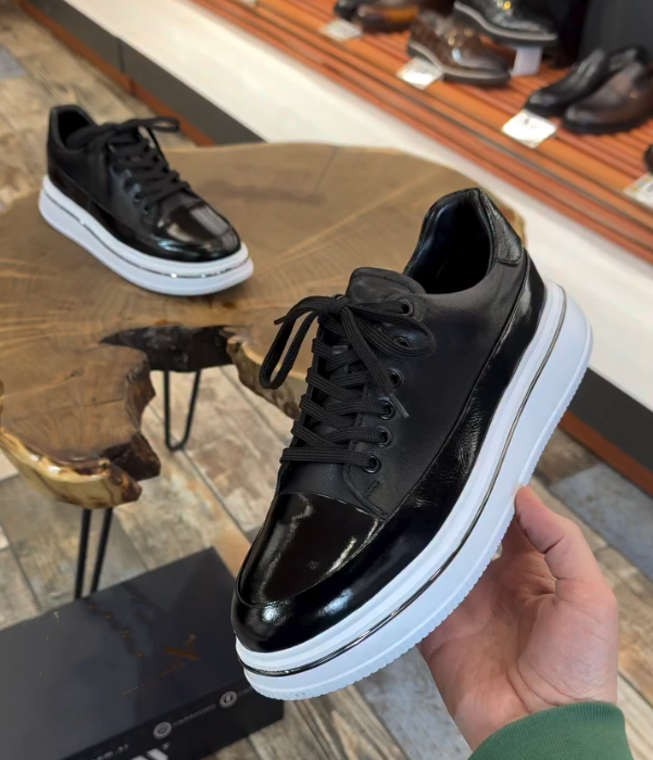 Patent Leather Cap Toe Platform Sneaker with Thick White Sole and Classic Lace Up Design