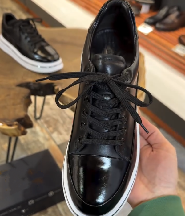 Patent Leather Cap Toe Platform Sneaker with Thick White Sole and Classic Lace Up Design