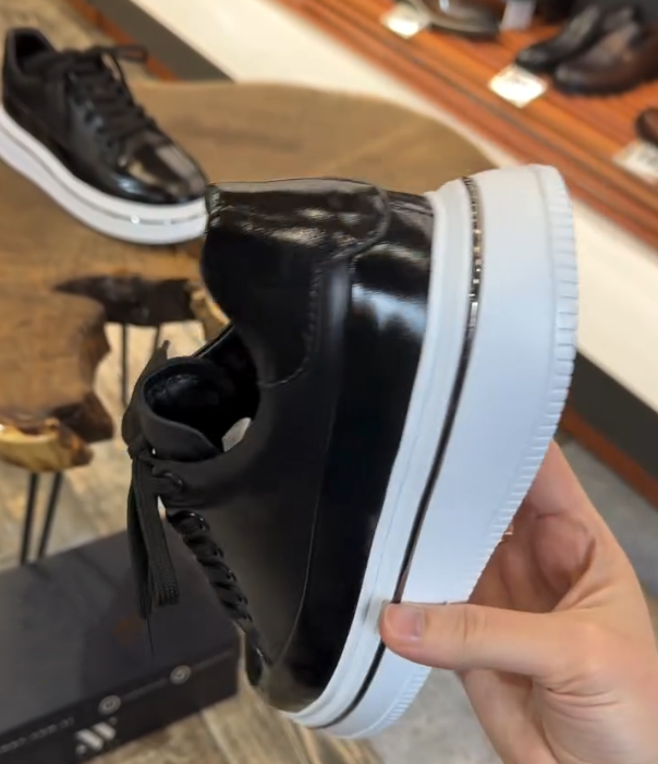 Patent Leather Cap Toe Platform Sneaker with Thick White Sole and Classic Lace Up Design