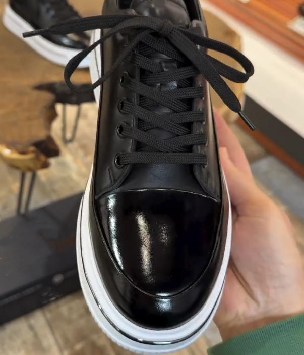 Patent Leather Cap Toe Platform Sneaker with Thick White Sole and Classic Lace Up Design