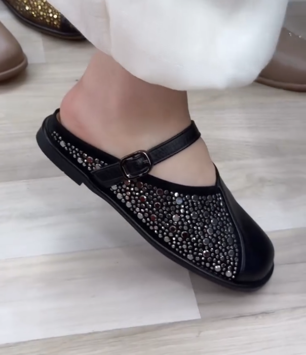 Rhinestone Embellished Mary Jane Mule with Adjustable Buckle Strap and Perforated Upper Detail