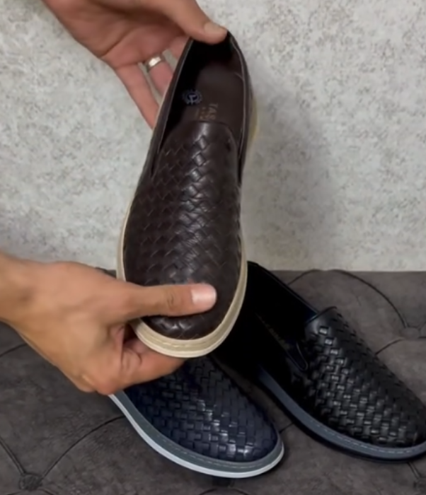 Woven Leather Slip On Loafer with Flexible Sole and Textured Upper for Casual Comfort