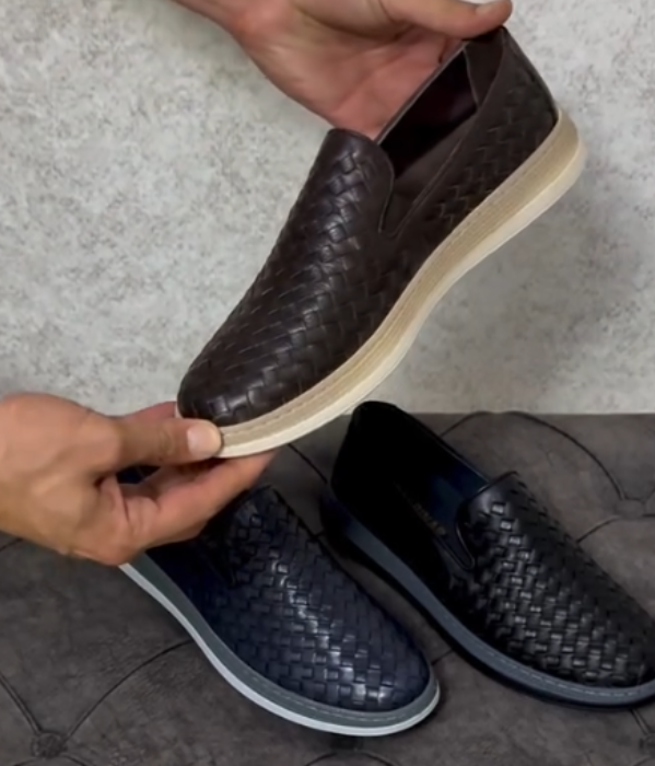 Woven Leather Slip On Loafer with Flexible Sole and Textured Upper for Casual Comfort