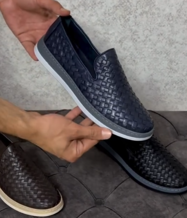 Woven Leather Slip On Loafer with Flexible Sole and Textured Upper for Casual Comfort