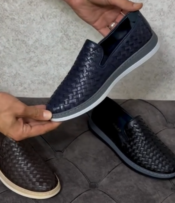 Woven Leather Slip On Loafer with Flexible Sole and Textured Upper for Casual Comfort