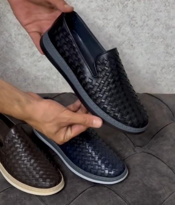 Woven Leather Slip On Loafer with Flexible Sole and Textured Upper for Casual Comfort