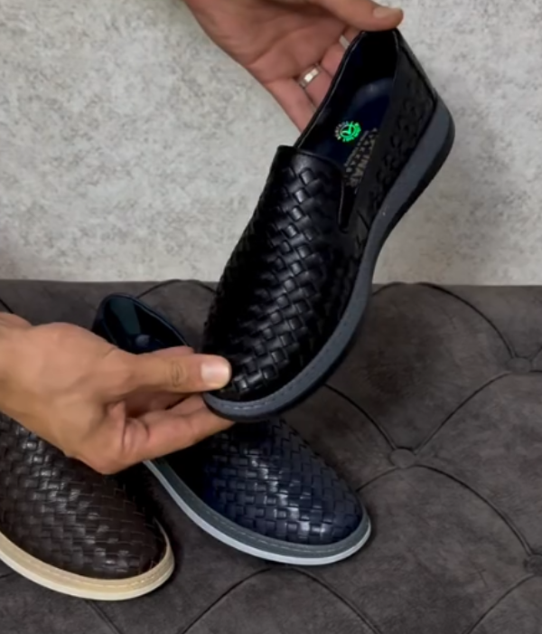 Woven Leather Slip On Loafer with Flexible Sole and Textured Upper for Casual Comfort