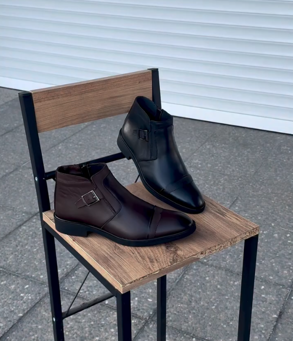 Leather Ankle Boot with Side Buckle Strap and Cap Toe Design for Formal and Casual Wear