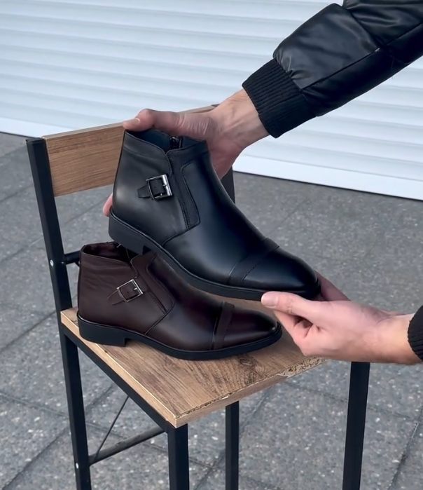 Leather Ankle Boot with Side Buckle Strap and Cap Toe Design for Formal and Casual Wear