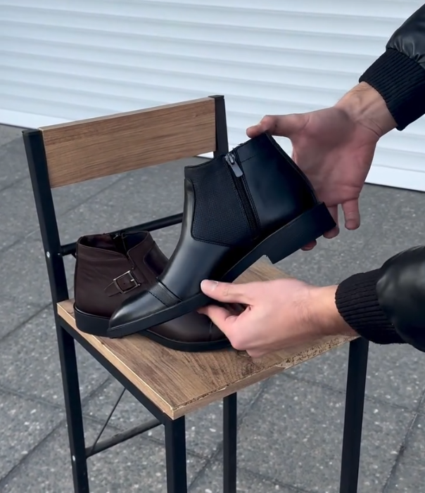 Leather Ankle Boot with Side Buckle Strap and Cap Toe Design for Formal and Casual Wear