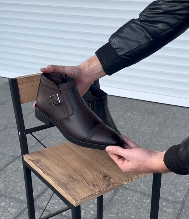 Leather Ankle Boot with Side Buckle Strap and Cap Toe Design for Formal and Casual Wear