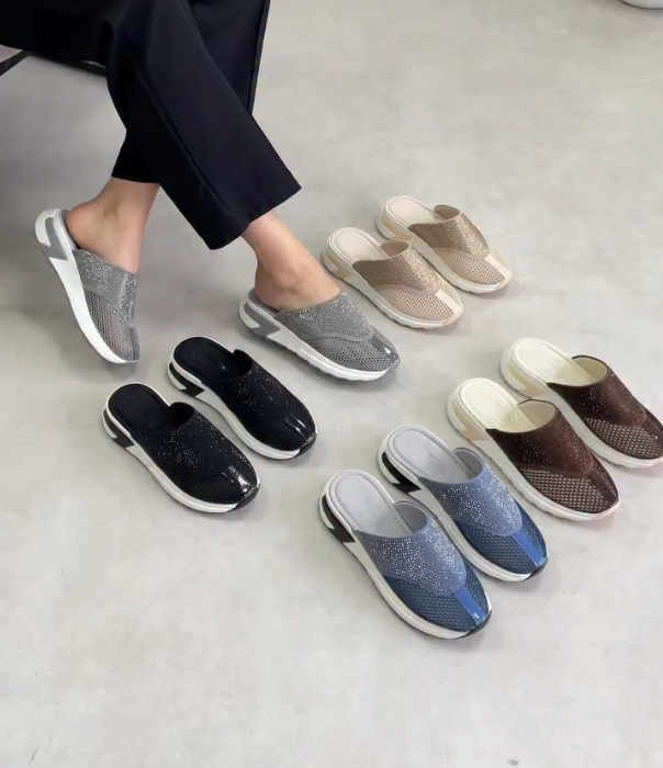 Mesh Slip On Mule with Rhinestone Embellishment and Lightweight Cushioned Sole for Casual Comfort
