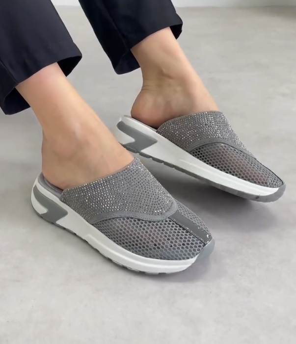 Mesh Slip On Mule with Rhinestone Embellishment and Lightweight Cushioned Sole for Casual Comfort