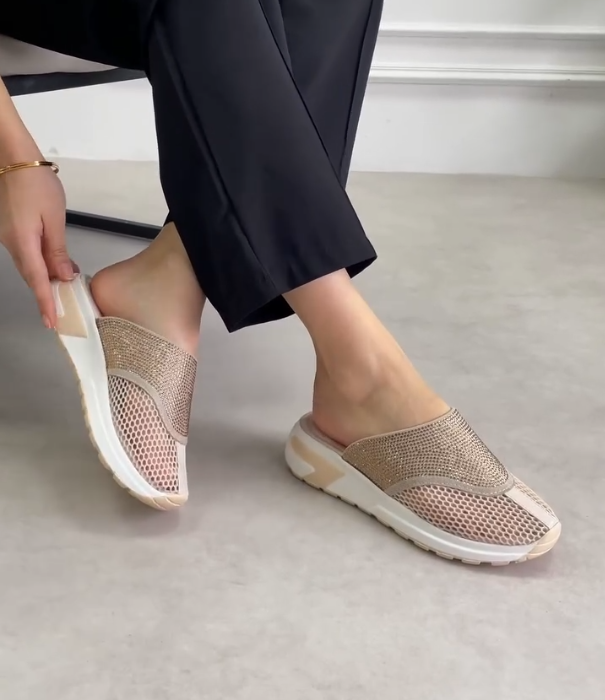 Mesh Slip On Mule with Rhinestone Embellishment and Lightweight Cushioned Sole for Casual Comfort