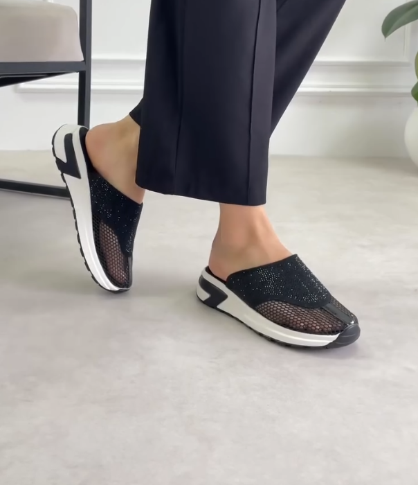 Mesh Slip On Mule with Rhinestone Embellishment and Lightweight Cushioned Sole for Casual Comfort