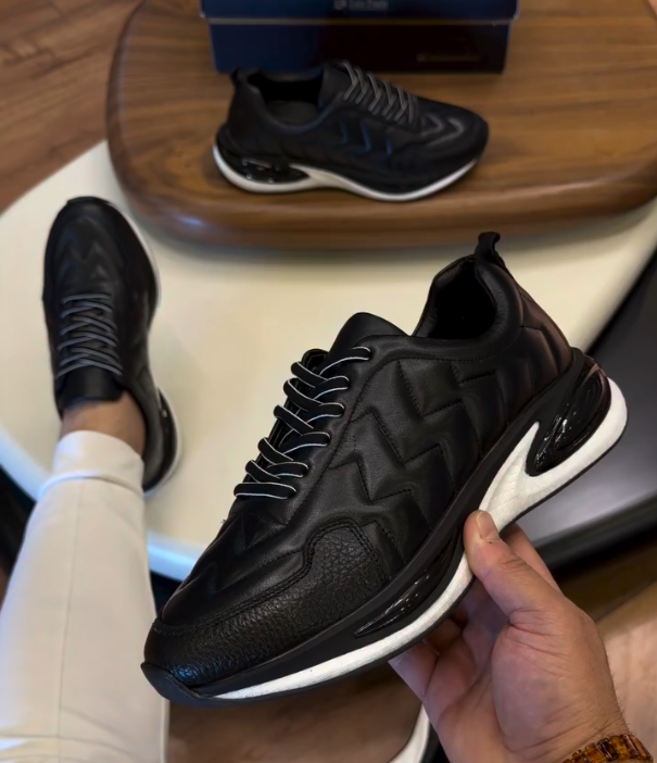 Quilted Leather Lace Up Sneaker with Air Cushion Sole and Bold Zigzag Stitching for Modern Urban Style