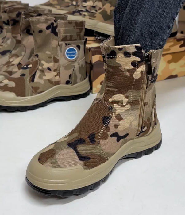 Camouflage Canvas Mid Calf Boot with Side Zipper and Rugged Rubber Sole for Outdoor Utility and Tactical Style