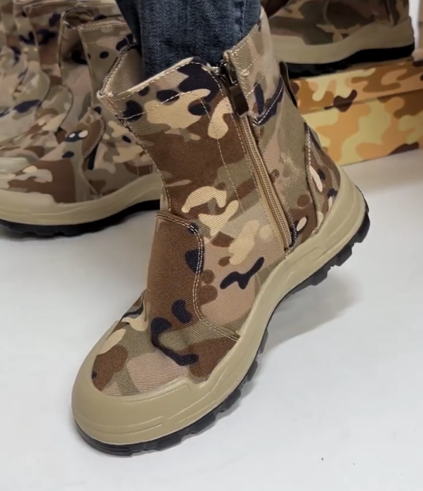 Camouflage Canvas Mid Calf Boot with Side Zipper and Rugged Rubber Sole for Outdoor Utility and Tactical Style