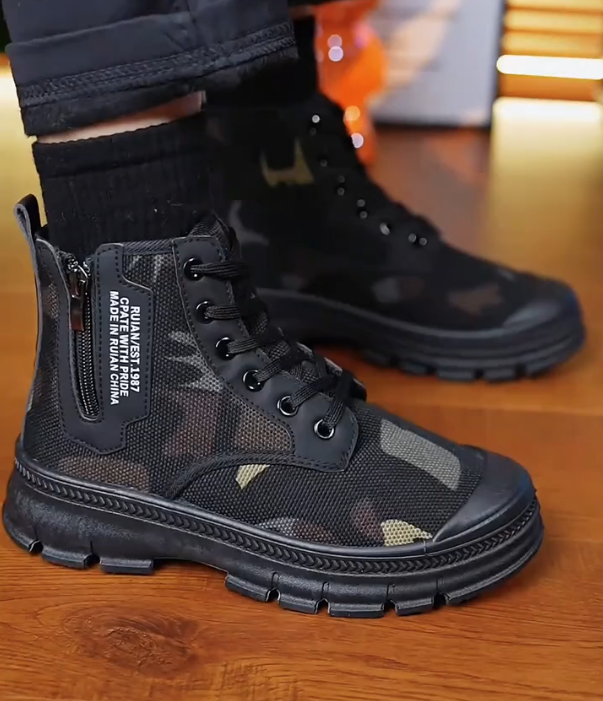 Camouflage Mesh High Top Boot with Side Zipper and Thick Rubber Sole for Outdoor Utility and Tactical Style