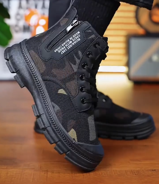 Camouflage Mesh High Top Boot with Side Zipper and Thick Rubber Sole for Outdoor Utility and Tactical Style
