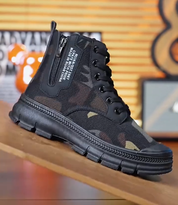 Camouflage Mesh High Top Boot with Side Zipper and Thick Rubber Sole for Outdoor Utility and Tactical Style