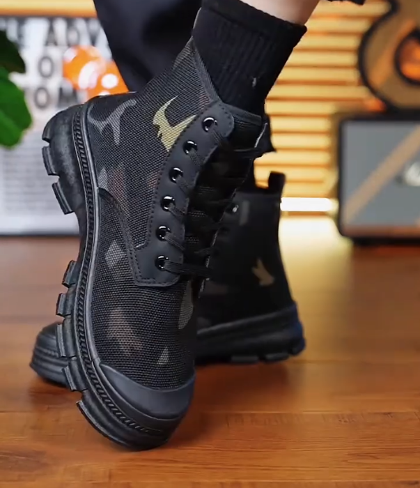 Camouflage Mesh High Top Boot with Side Zipper and Thick Rubber Sole for Outdoor Utility and Tactical Style