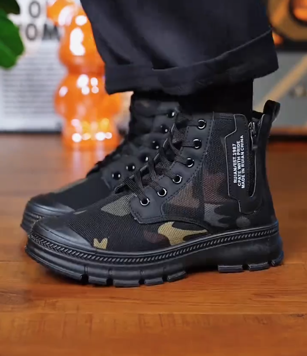 Camouflage Mesh High Top Boot with Side Zipper and Thick Rubber Sole for Outdoor Utility and Tactical Style