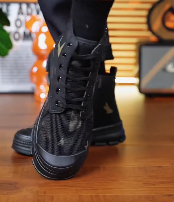 Camouflage Mesh High Top Boot with Side Zipper and Thick Rubber Sole for Outdoor Utility and Tactical Style