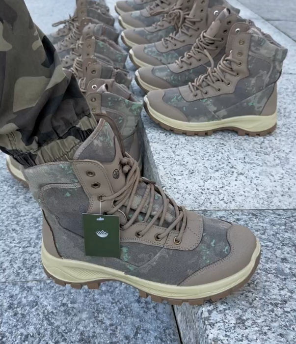 Camouflage Tactical High Top Boot with Lace Up Closure and Rugged Rubber Sole for Outdoor Durability