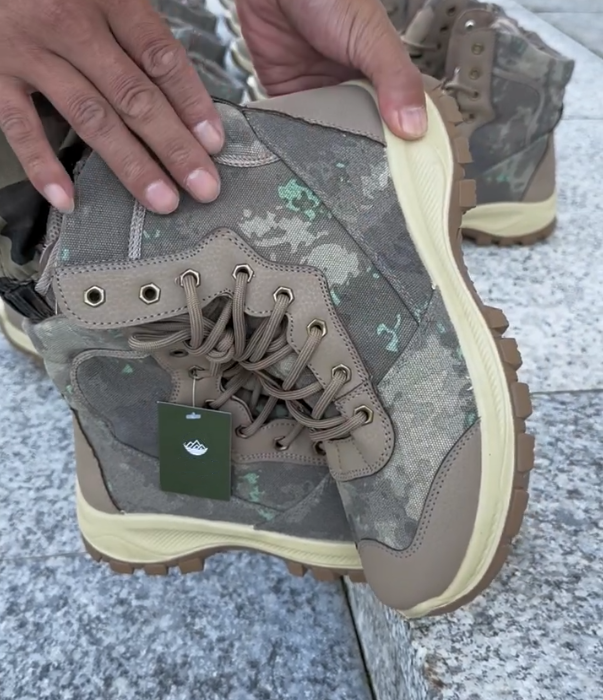 Camouflage Tactical High Top Boot with Lace Up Closure and Rugged Rubber Sole for Outdoor Durability