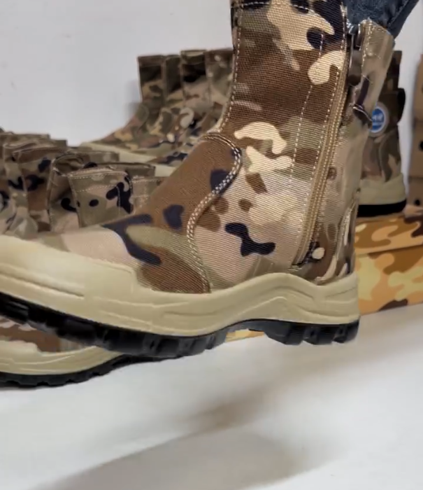 Camouflage Canvas Mid Calf Boot with Side Zipper and Rugged Rubber Sole for Outdoor Utility and Tactical Style