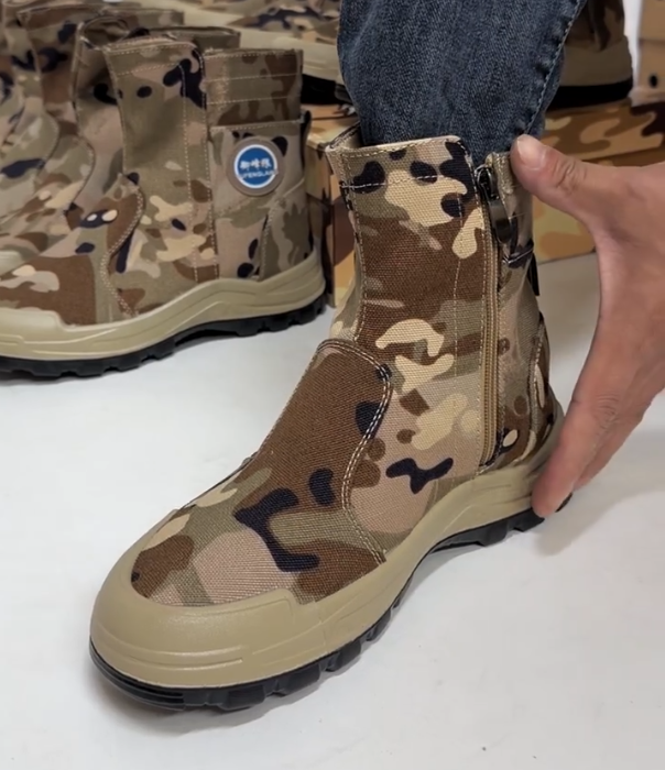 Camouflage Canvas Mid Calf Boot with Side Zipper and Rugged Rubber Sole for Outdoor Utility and Tactical Style
