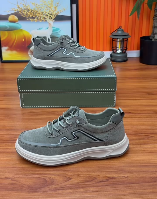 Suede Lace Up Sneaker with Wave Stitching Detail and Thick White Cushioned Sole for Casual Comfort